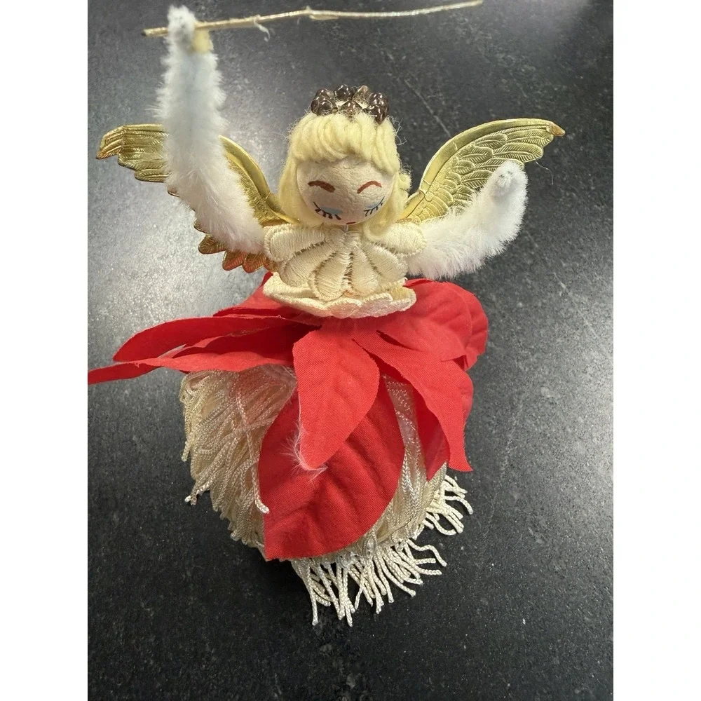 Vtg Handmade Christmas Angel Ornament Poinsettia Sequins Yarn Hair Gold Wings 6